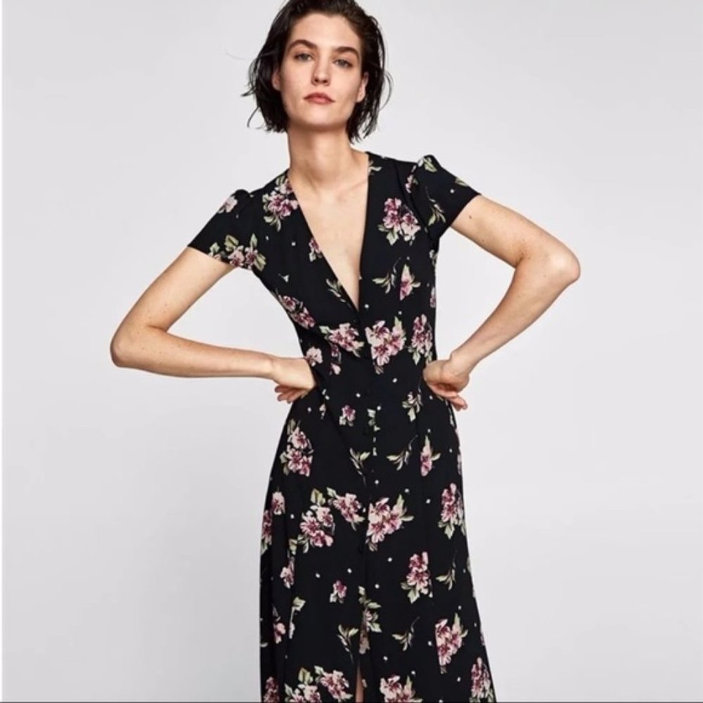 Zara Deep-V Floral Maxi Dress